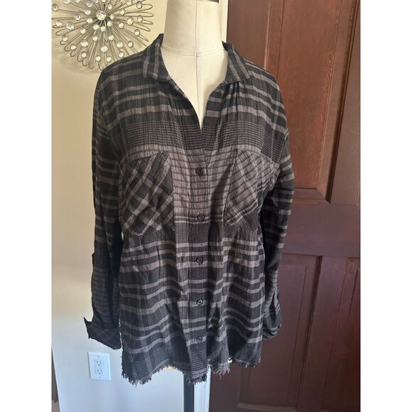 cloth & stone black/gray plaid button down blouse Anthropologie S - Picture 1 of 4
